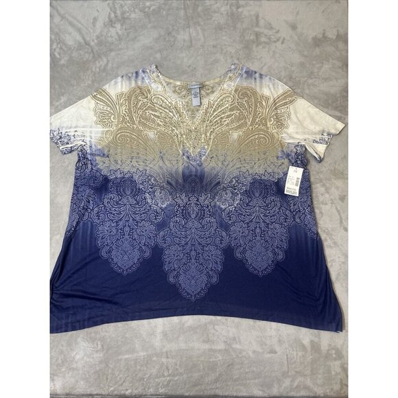 Women’s Catherines Blouse Paisley Navy Blue Tan Rhinestones Embroidered Neck 2X - Picture 2 of 12